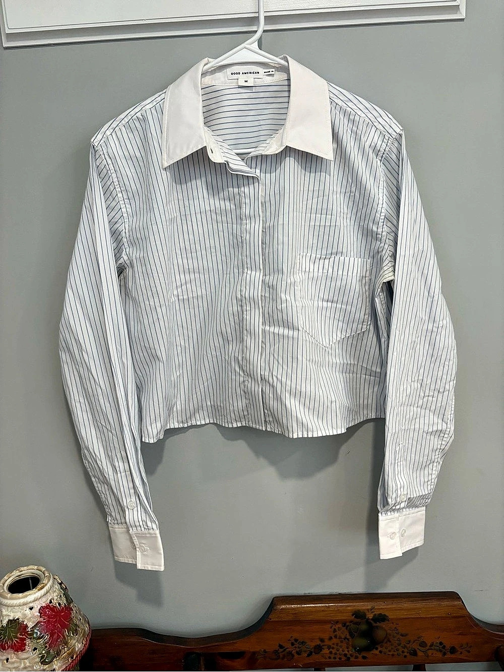 Good American The Oxford Contrast Striped Shirt White & Blue Medium